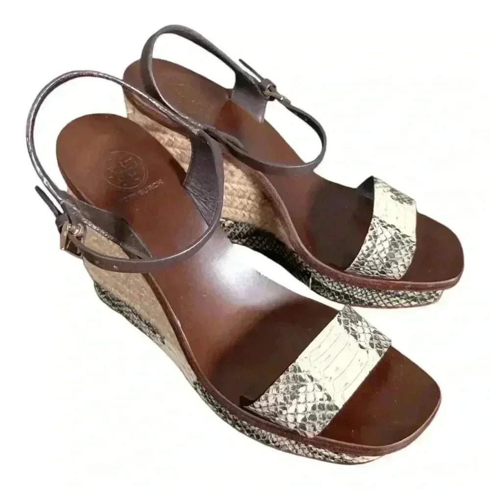 Tory Burch Espadrille Wedge Sandals Heels Leather Snake Women's 6.5 M